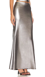 ROTATE Metallic Maxi Train Skirt in Metallic Silver