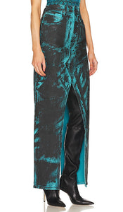 RTA Slit Denim Maxi Skirt in Teal