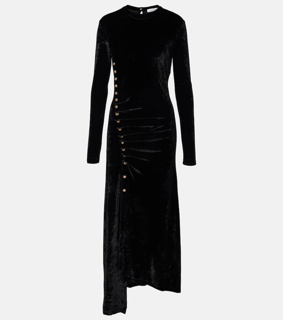 Rabanne Embellished ruched velvet midi dress