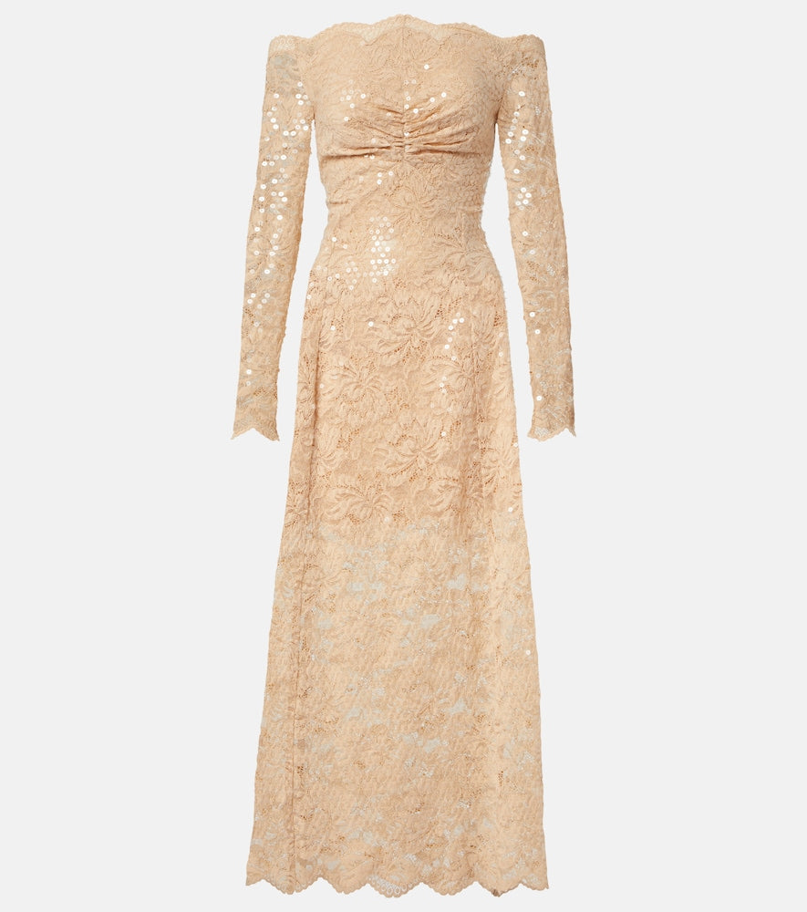 Rabanne Sequined off-shoulder lace maxi dress. Rabanne 亮片露肩蕾丝长裙