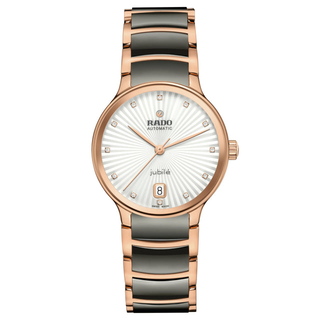 Rado Centrix Automatic Diamonds Silver Dial Rose Gold-Tone and Grey Ceramic Watch 35mm - R30037742