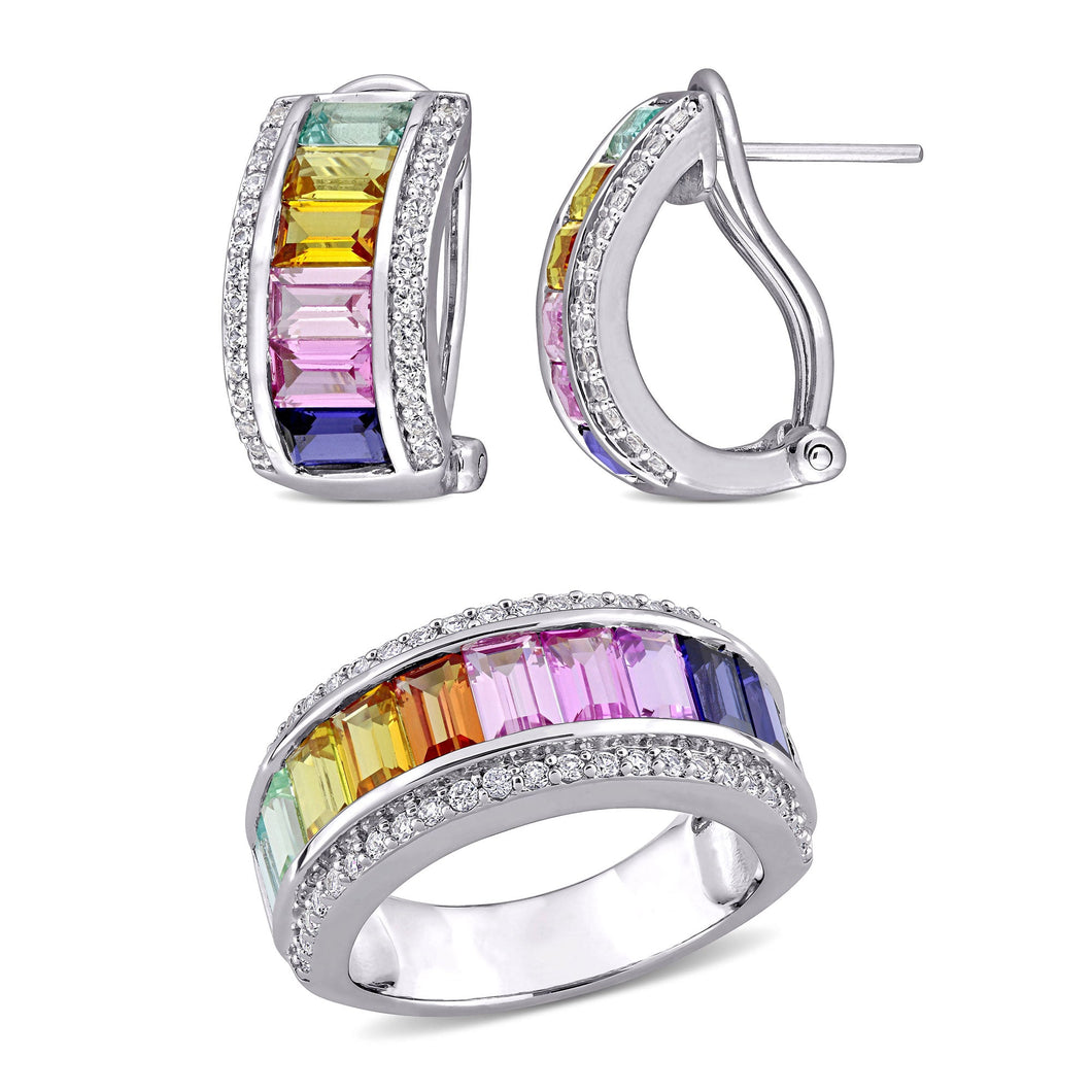 Rainbow Created Sapphire Sterling Silver Earrings and Ring Set | Size 7
