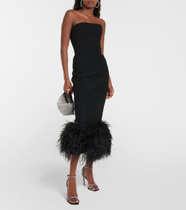 Rasario Feather-trimmed strapless crêpe midi dress