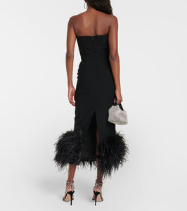 Rasario Feather-trimmed strapless crêpe midi dress
