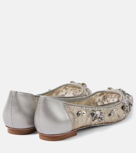 Rene Caovilla Embellished leather-trimmed ballet flats