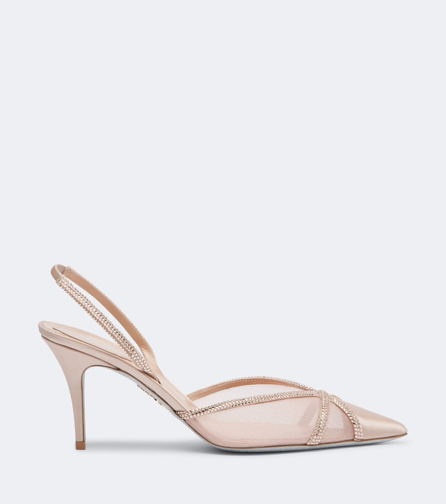 Rene Caovilla Embellished satin and mesh slingback pumps