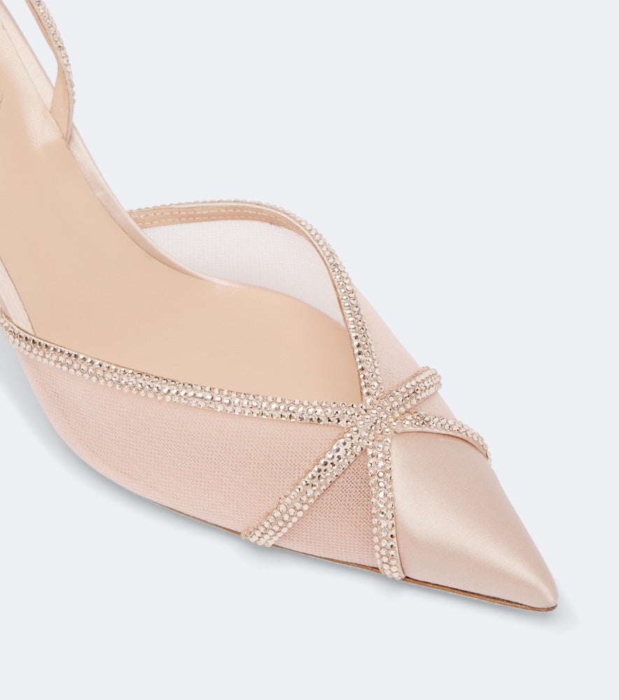 Rene Caovilla Embellished satin and mesh slingback pumps