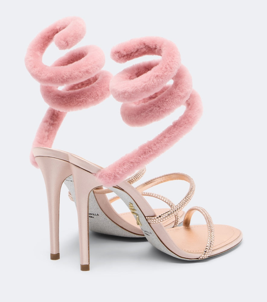 Pink Rene Caovilla Cleo embellished shearling-trimmed sandals - High-Heel Sandals