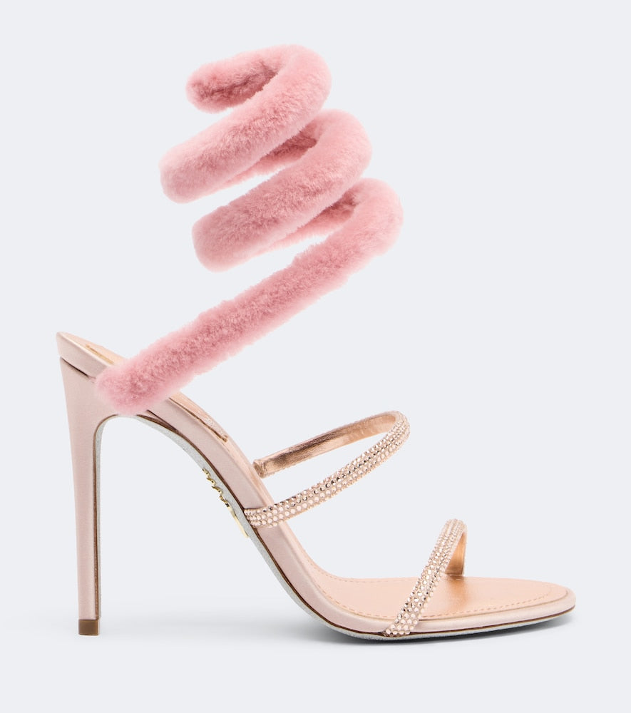 Pink Rene Caovilla Cleo embellished shearling-trimmed sandals - High-Heel Sandals