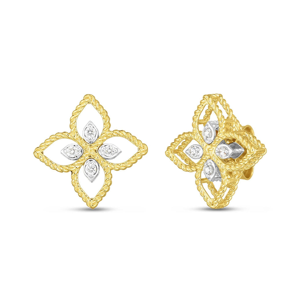 Roberto Coin Princess Flower Small Gold Diamond Stud Earrings 1/10ctw