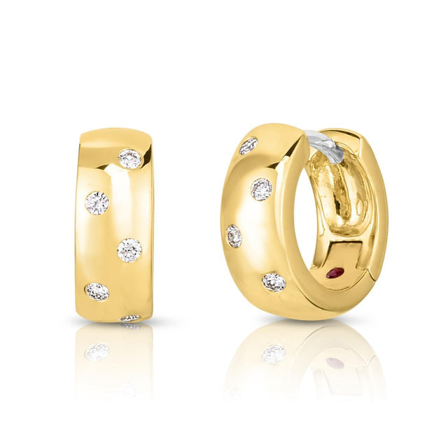 Roberto Coin Tiny Treasures 1/8ctw Diamond Huggie Hoop Yellow Gold Earrings | 14mm