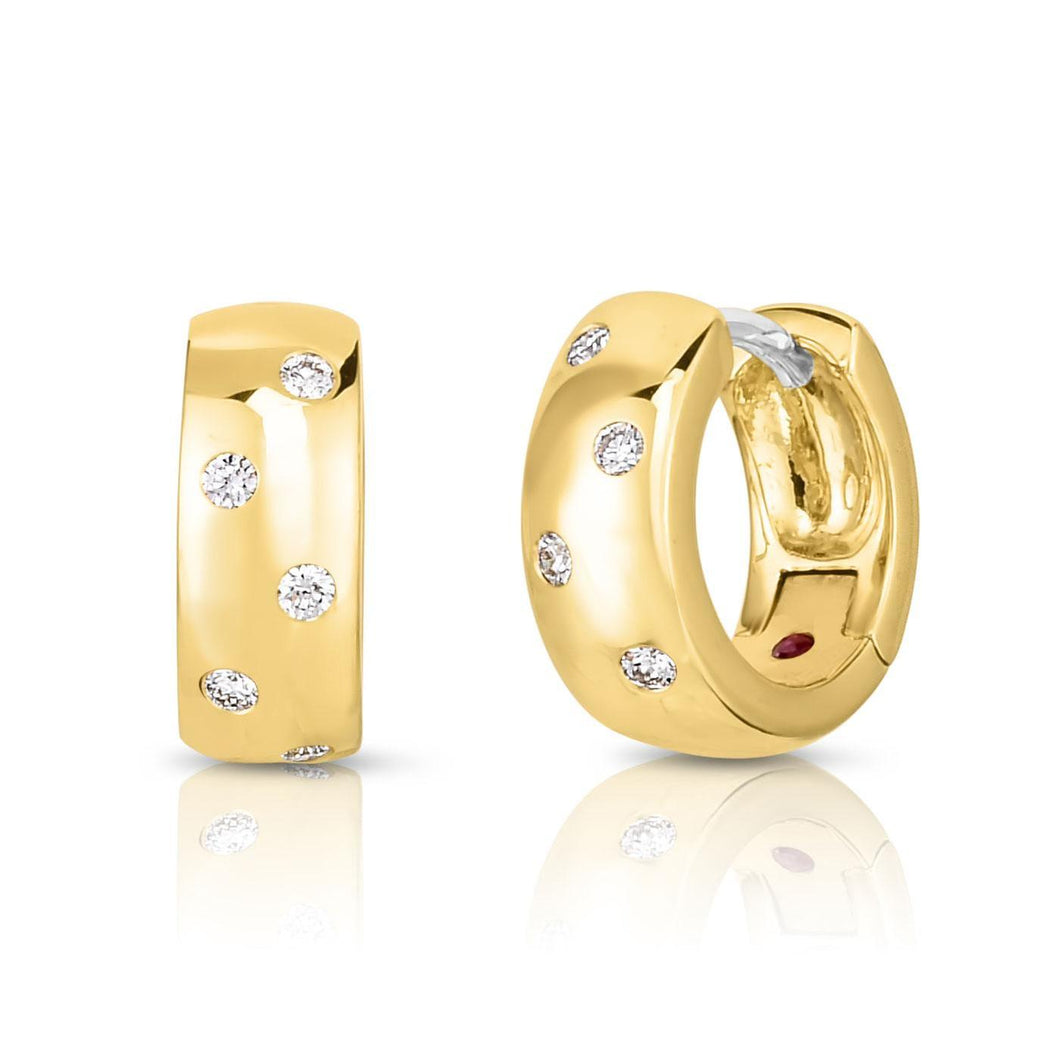 Roberto Coin Tiny Treasures 1/8ctw Diamond Huggie Hoop Yellow Gold Earrings | 14mm