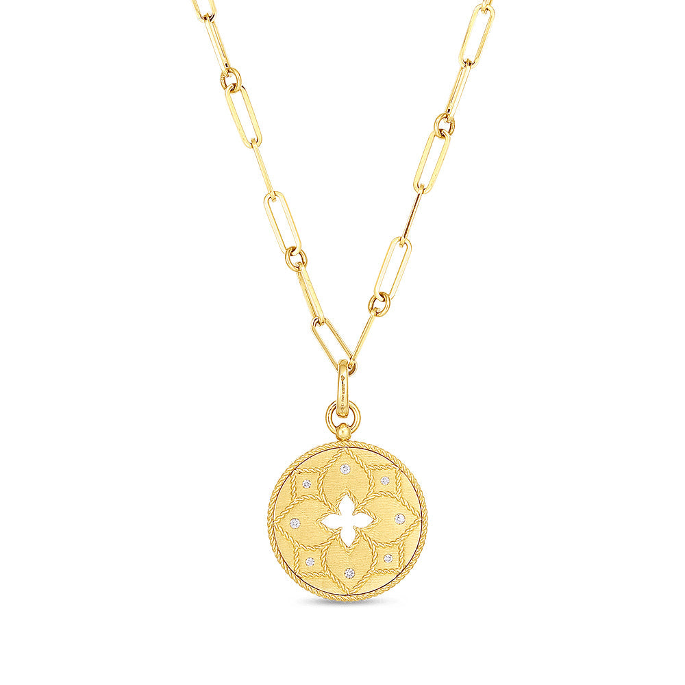 Roberto Coin Venetian Princess 1/10ctw Diamond Satin Medallion with Flower Cutout Yellow Gold Pendant Necklace