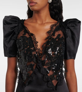 Rodarte Lace-trimmed silk-blend charmeuse maxi dress