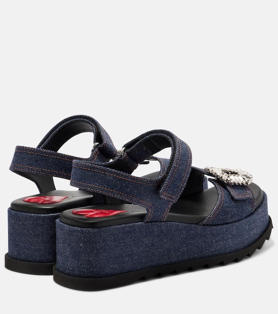 Blue Roger Vivier Embellished denim wedge sandals - Heeled Sandals
