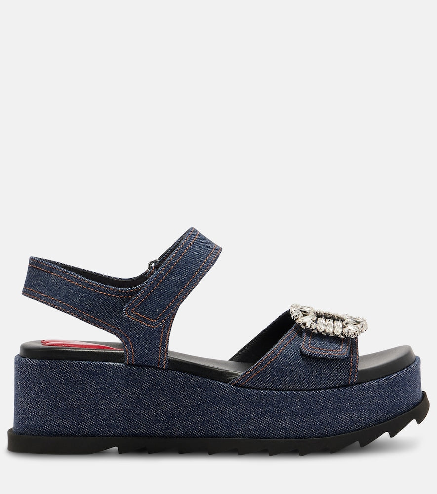 Blue Roger Vivier Embellished denim wedge sandals - Heeled Sandals