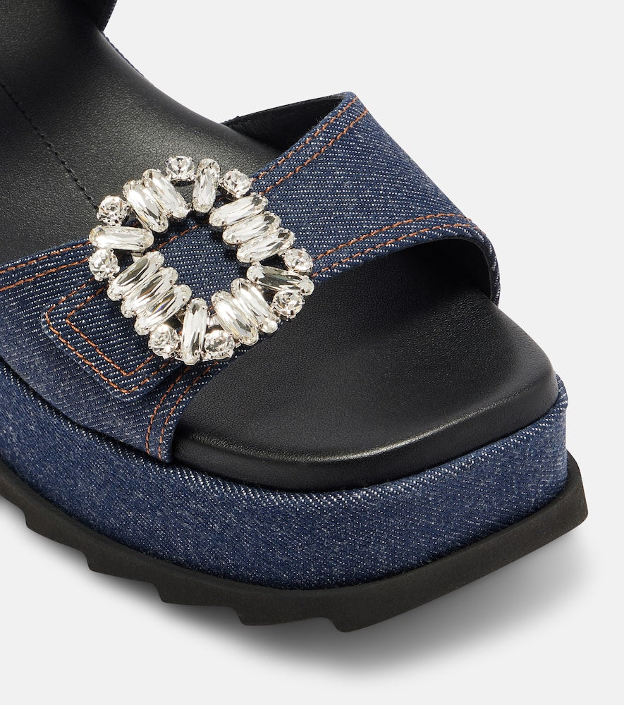 Blue Roger Vivier Embellished denim wedge sandals - Heeled Sandals