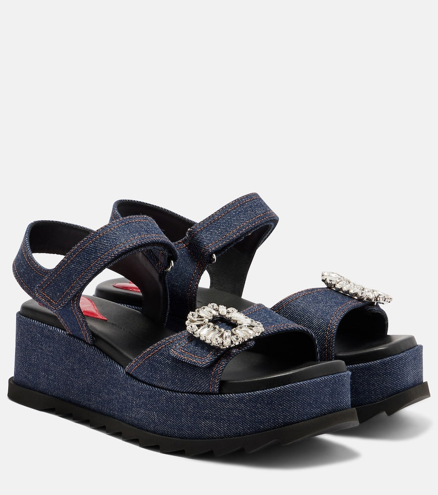 Blue Roger Vivier Embellished denim wedge sandals - Heeled Sandals