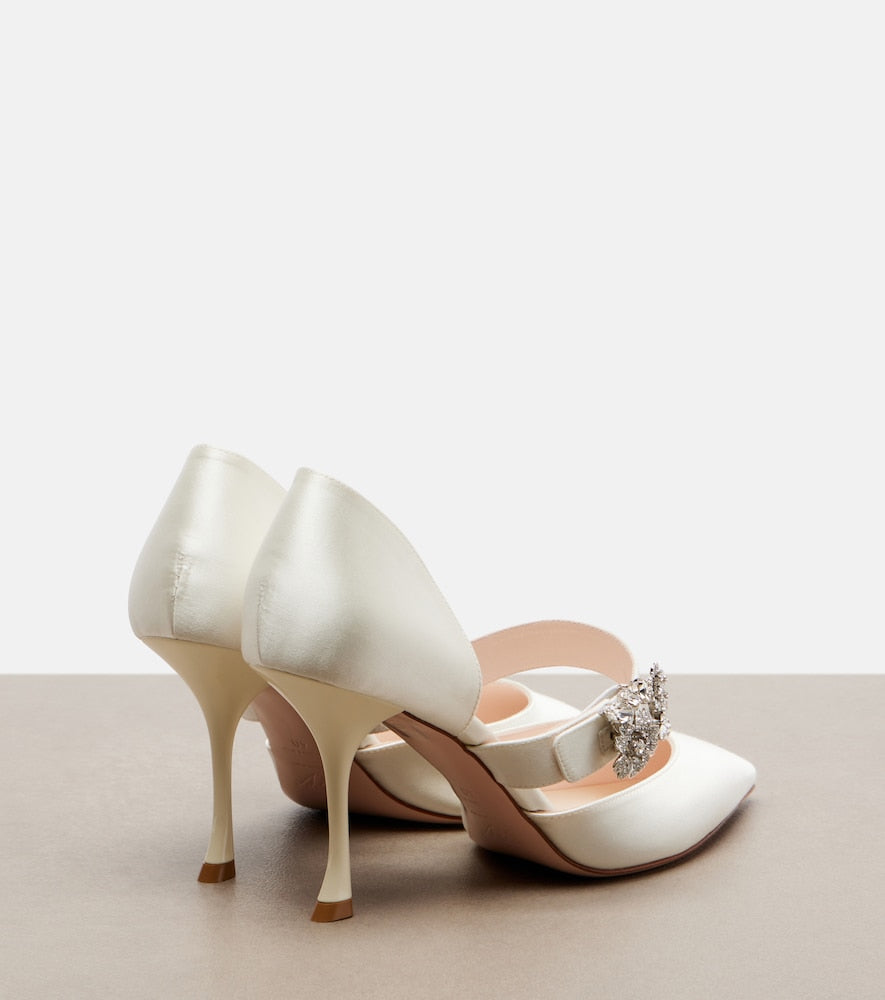 Roger Vivier Mini Bouquet embellished satin pumps in White - Mid Heel Pumps