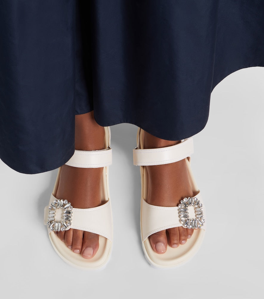 Roger Vivier Slidy Viv' embellished leather sandals - White Flat Sandals