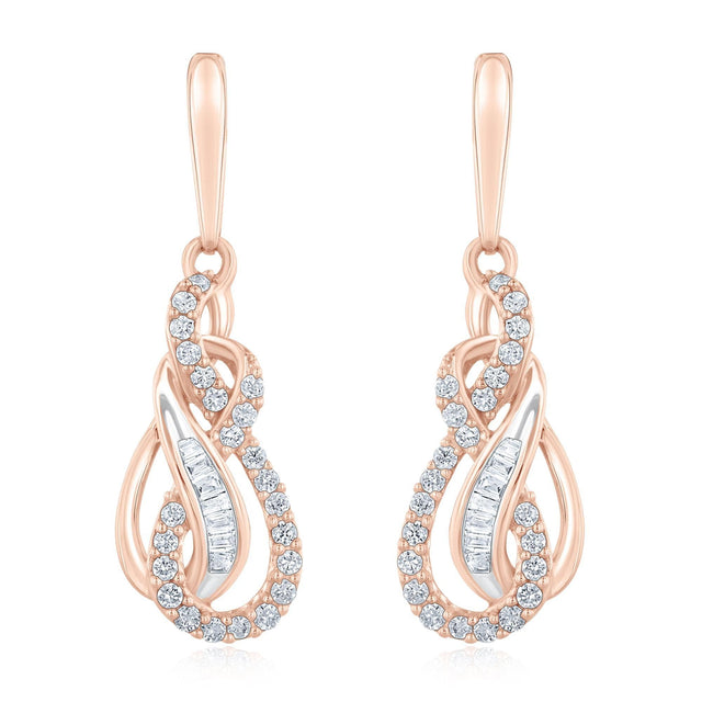 Rose Gold Round and Baguette Diamond Double Infinity Drop Earrings 1/3ctw