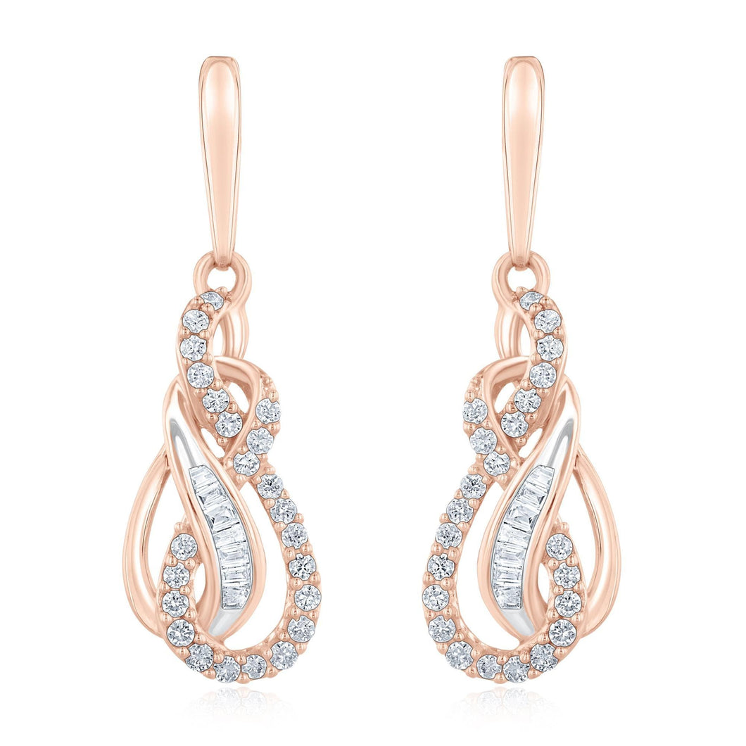 Rose Gold Round and Baguette Diamond Double Infinity Drop Earrings 1/3ctw