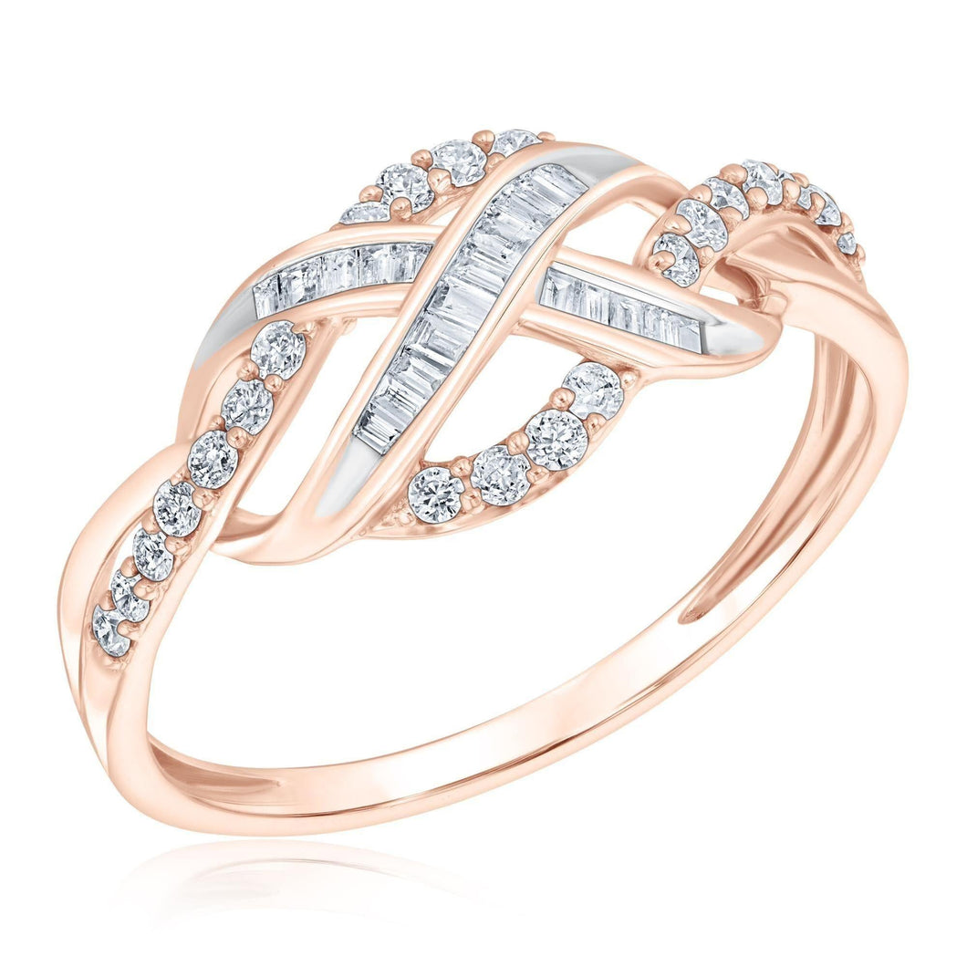 Rose Gold Round and Baguette Diamond Infinity Ring 1/3ctw