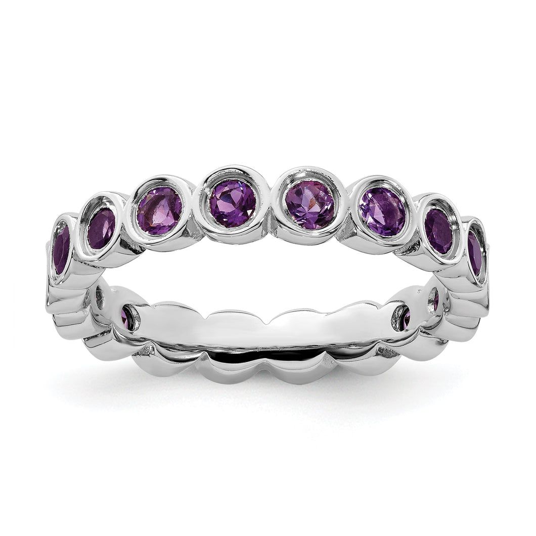 Round Amethyst Sterling Silver Stackable Ring - Size 5