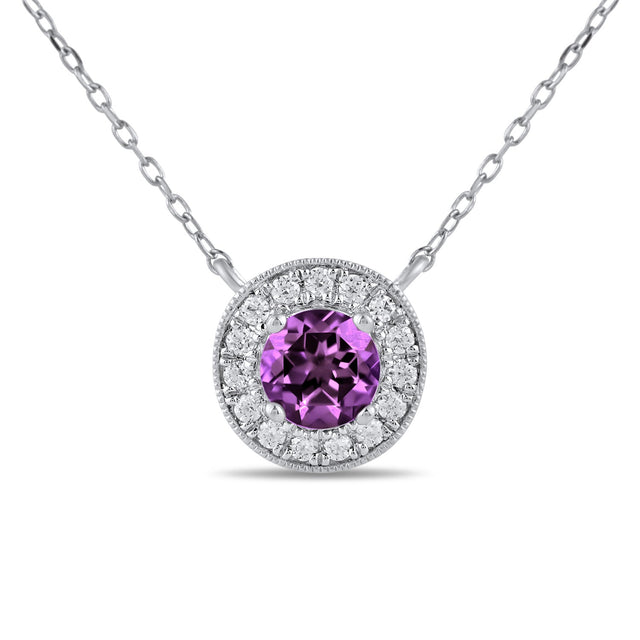 Round Amethyst and 1/5ctw Lab Grown Diamond Halo White Gold Necklace