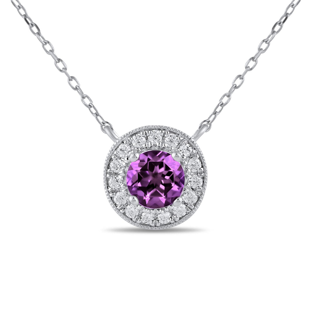 Round Amethyst and 1/5ctw Lab Grown Diamond Halo White Gold Necklace