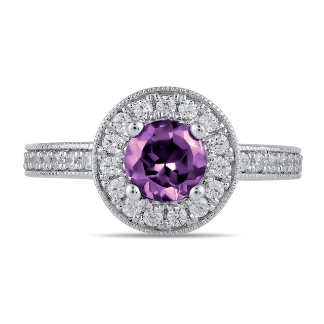 Round Amethyst and 3/8ctw Lab Grown Diamond Halo White Gold Ring - Size 5