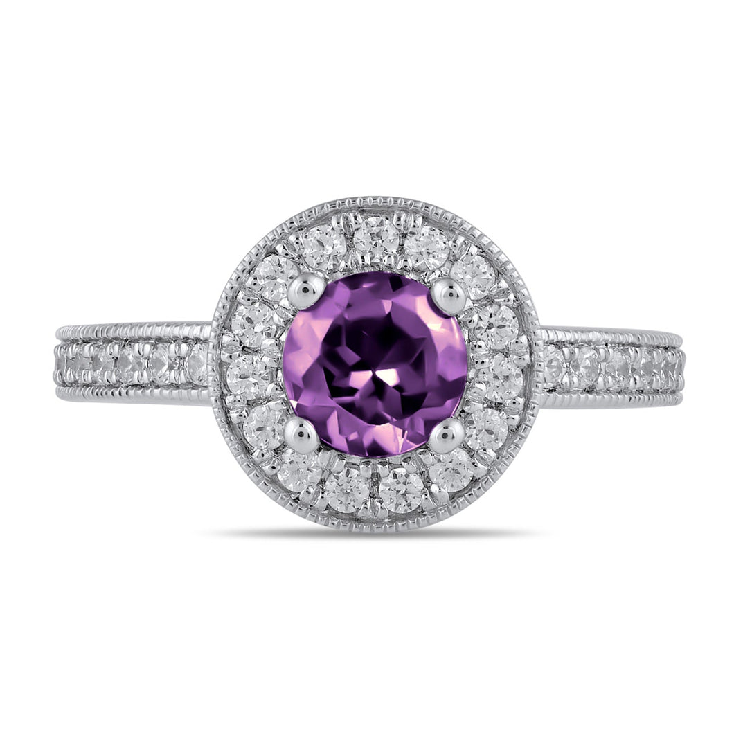 Round Amethyst and 3/8ctw Lab Grown Diamond Halo White Gold Ring - Size 5