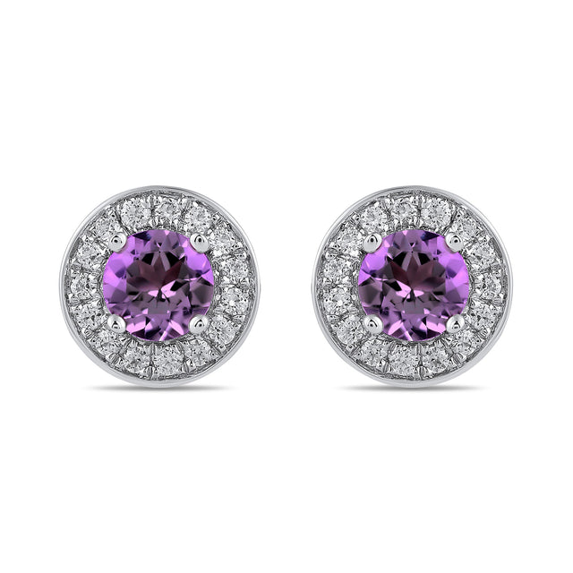 Round Amethyst and 3/8ctw Lab Grown Diamond White Gold Halo Stud Earrings