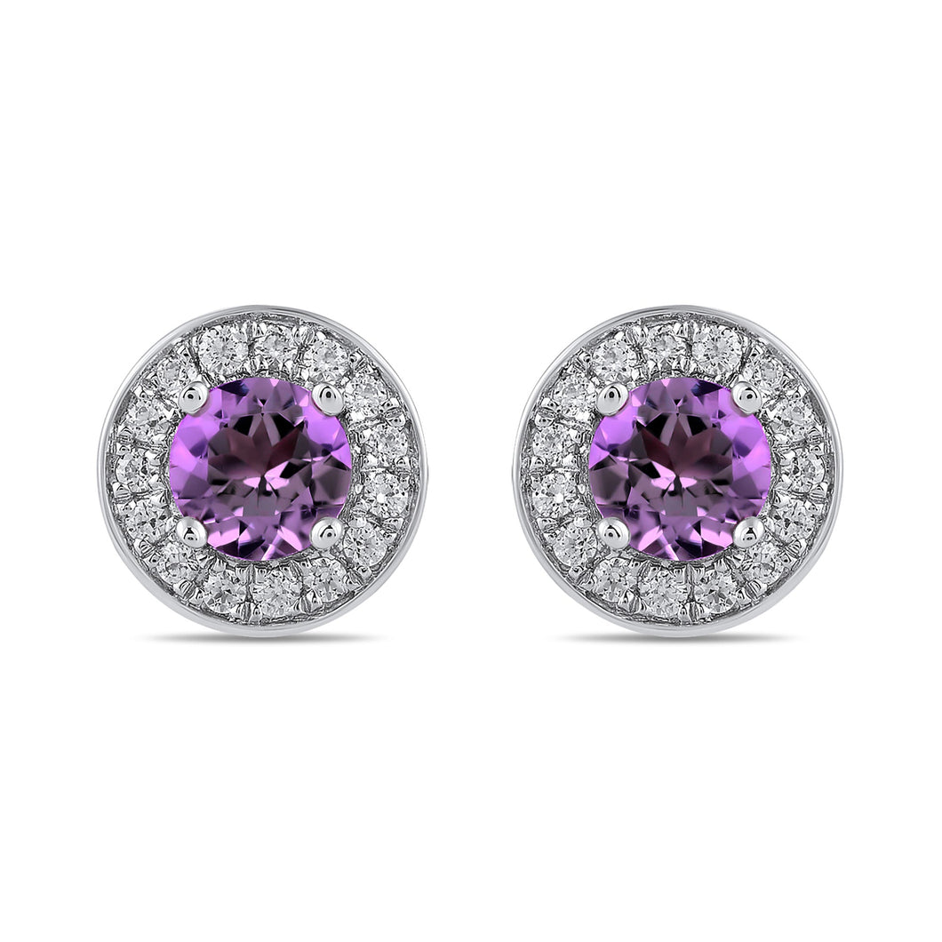 Round Amethyst and 3/8ctw Lab Grown Diamond White Gold Halo Stud Earrings