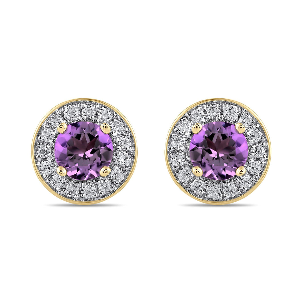 Round Amethyst and 3/8ctw Lab Grown Diamond Yellow Gold Halo Stud Earrings