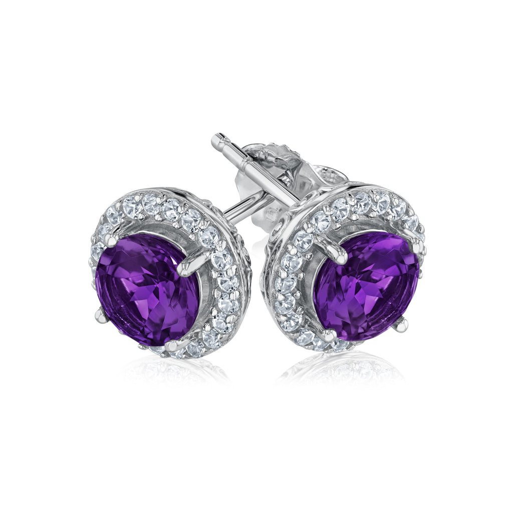 Round Amethyst and Created White Sapphire Sterling Silver Earrings