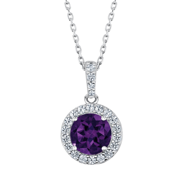 Round Amethyst and Created White Sapphire Sterling Silver Pendant Necklace