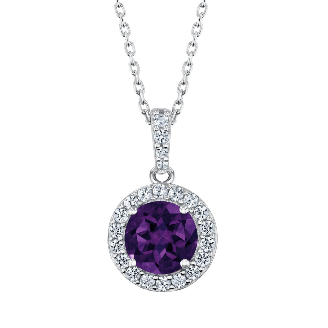 Round Amethyst and Created White Sapphire Sterling Silver Pendant Necklace