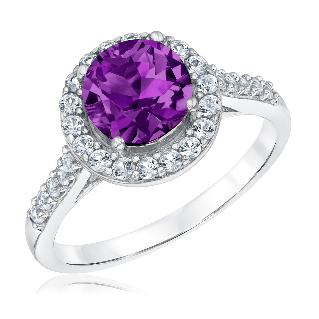 Round Amethyst and Created White Sapphire Sterling Silver Ring