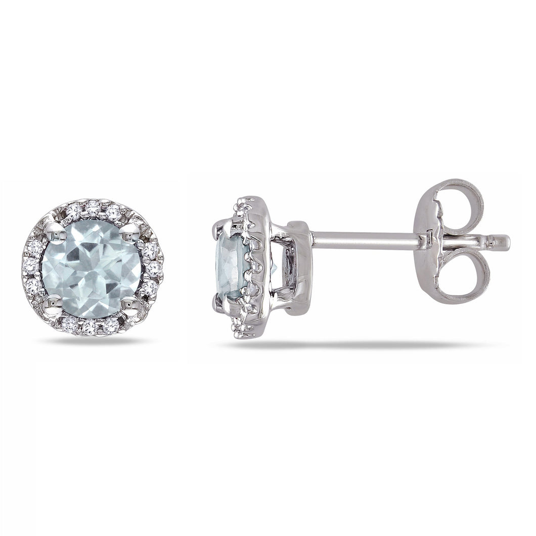 Round Aquamarine and 1/15ctw Diamond Halo Sterling Silver Stud Earrings