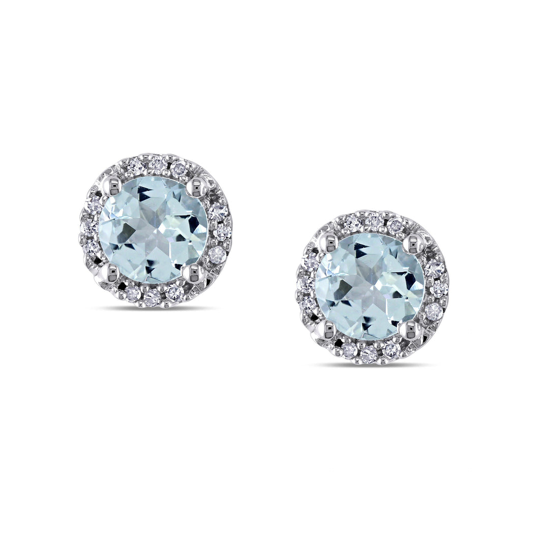 Round Aquamarine and Diamond Halo Stud Earrings 1/15ctw