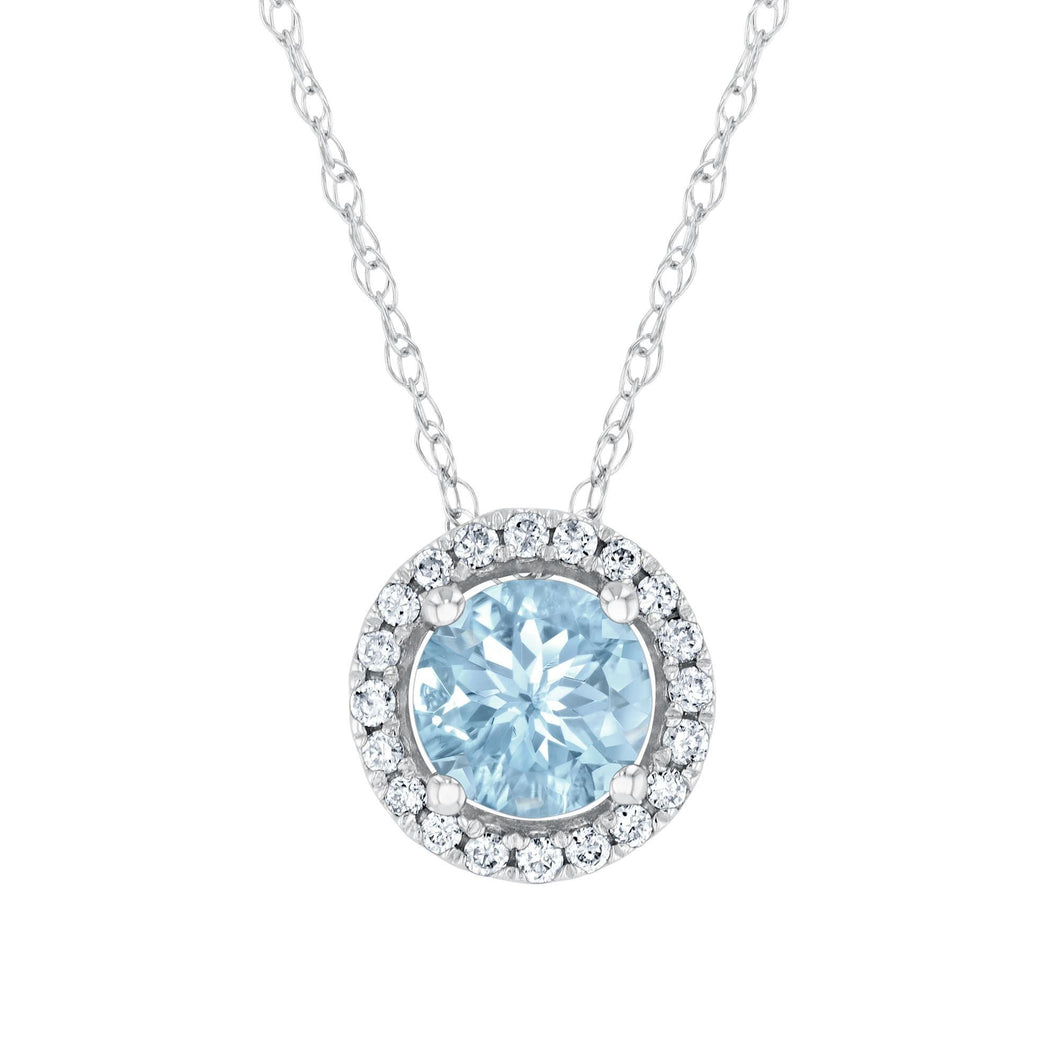 Round Aquamarine and Diamond Halo White Gold Pendant Necklace - Watercolor Collection
