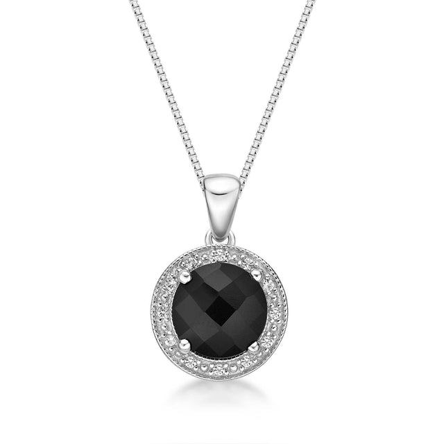 Round Black Onyx, Created White Sapphire and Diamond Accent Halo Pendant Necklace