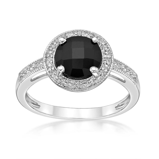 Round Black Onyx, Created White Sapphire and Diamond Accent Halo Ring - Size 5