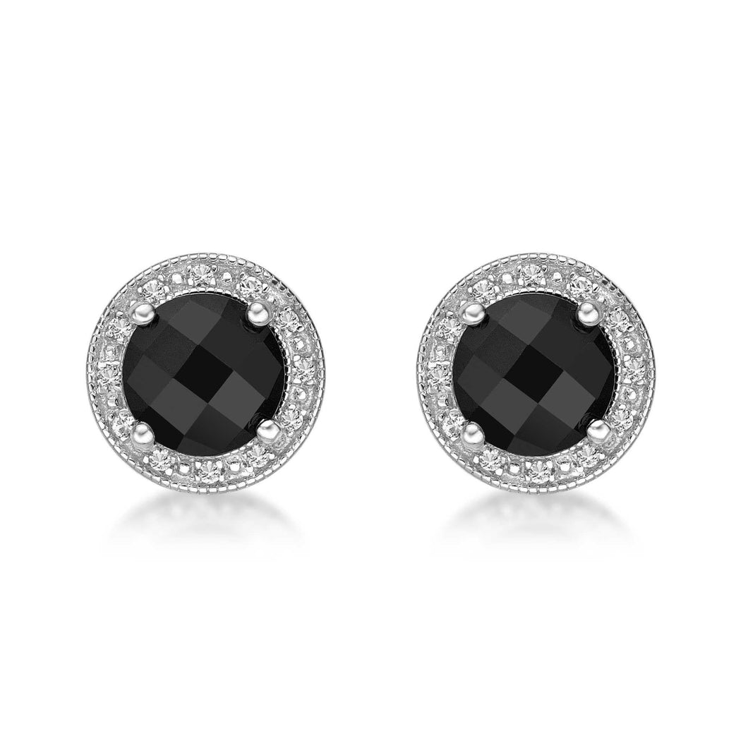 Round Black Onyx, Created White Sapphire and Diamond Accent Halo Stud Earrings