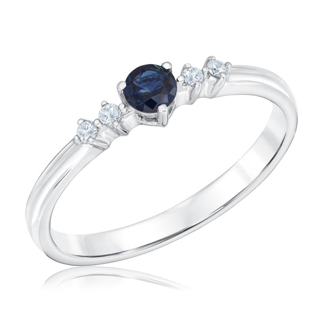 Round Blue Sapphire and 1/20ctw Diamond White Gold Ring