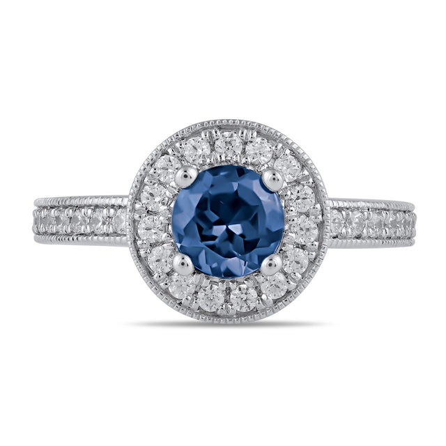Round Blue Sapphire and 3/8ctw Lab Grown Diamond Halo White Gold Ring - Size 5