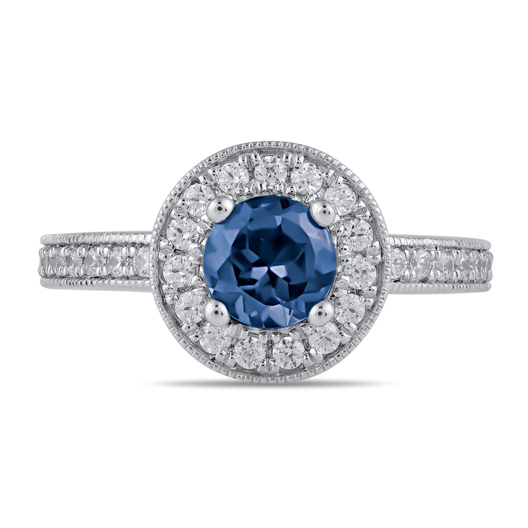 Round Blue Sapphire and 3/8ctw Lab Grown Diamond Halo White Gold Ring - Size 5