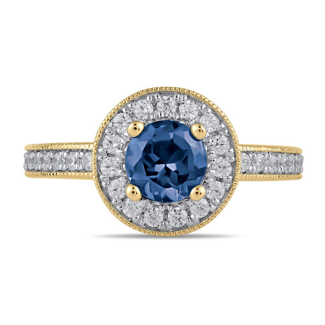 Round Blue Sapphire and 3/8ctw Lab Grown Diamond Halo Yellow Gold Ring