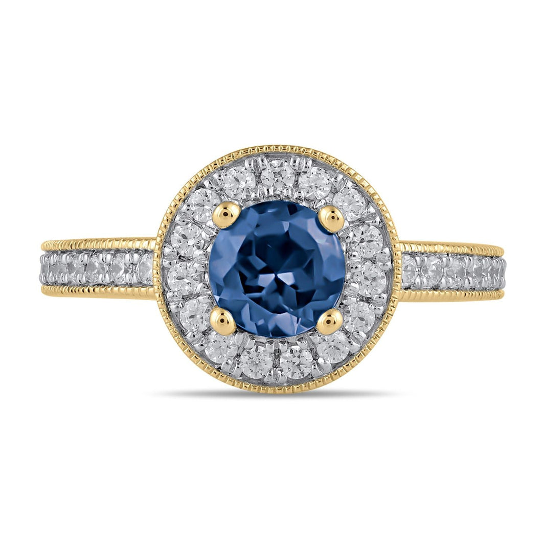 Round Blue Sapphire and 3/8ctw Lab Grown Diamond Halo Yellow Gold Ring